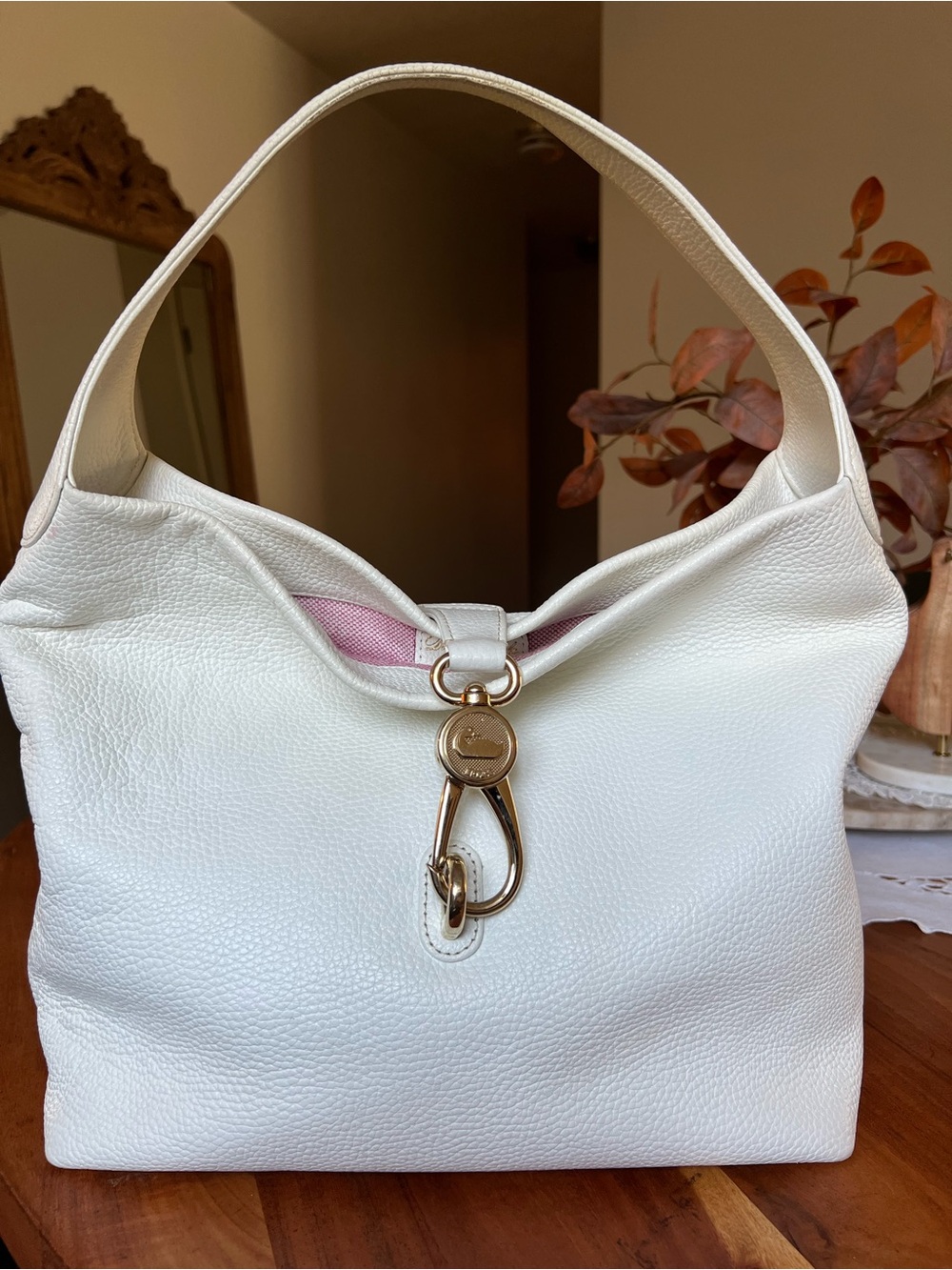 Dooney & Bourke Belvedere Logo Lock Pebbled Leather Hobo Shoulder Bag White